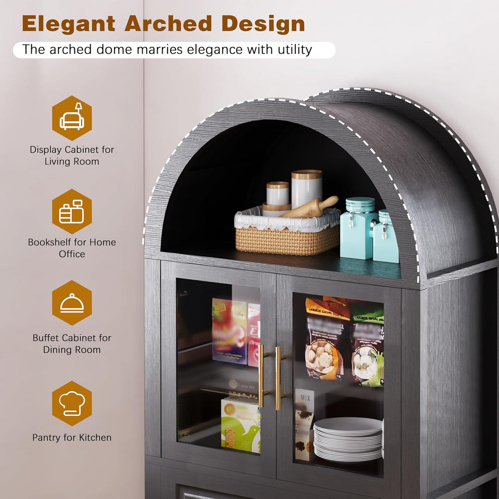 71" Tall Arched Kitchen Pantry with Glass Door, Farmhouse Storage Cabine...