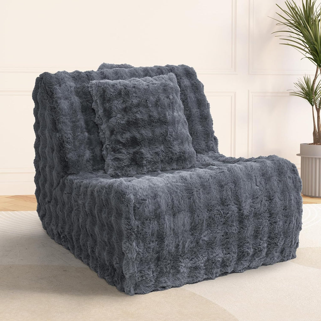 Bean Bag Chair for Adults, Giant Lazy Floor Bubble Sofa with Soft Pillow, Comfy Faux Fur Fireside Beanbags with Handle for Living Room, Bedroom, Apartment, Dark Blue