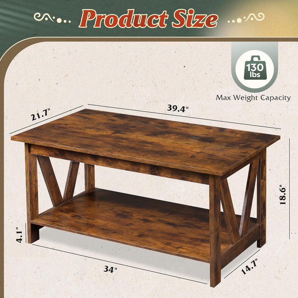 WLIVE 39.4" Farmhouse Coffee Table, Wood Center Table Storage Dark Brown