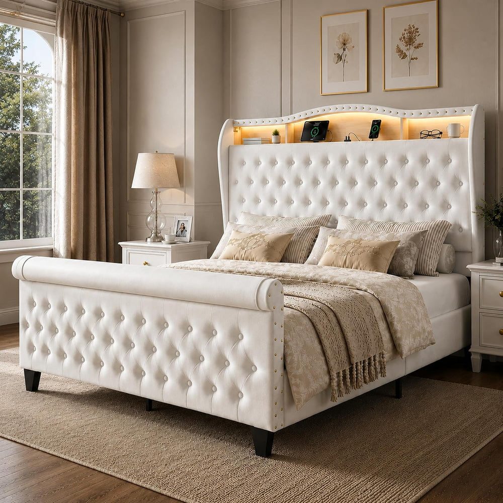 King Size Bed Frame with 51.2" Tall Lighted Storage Headboard and Chargi...