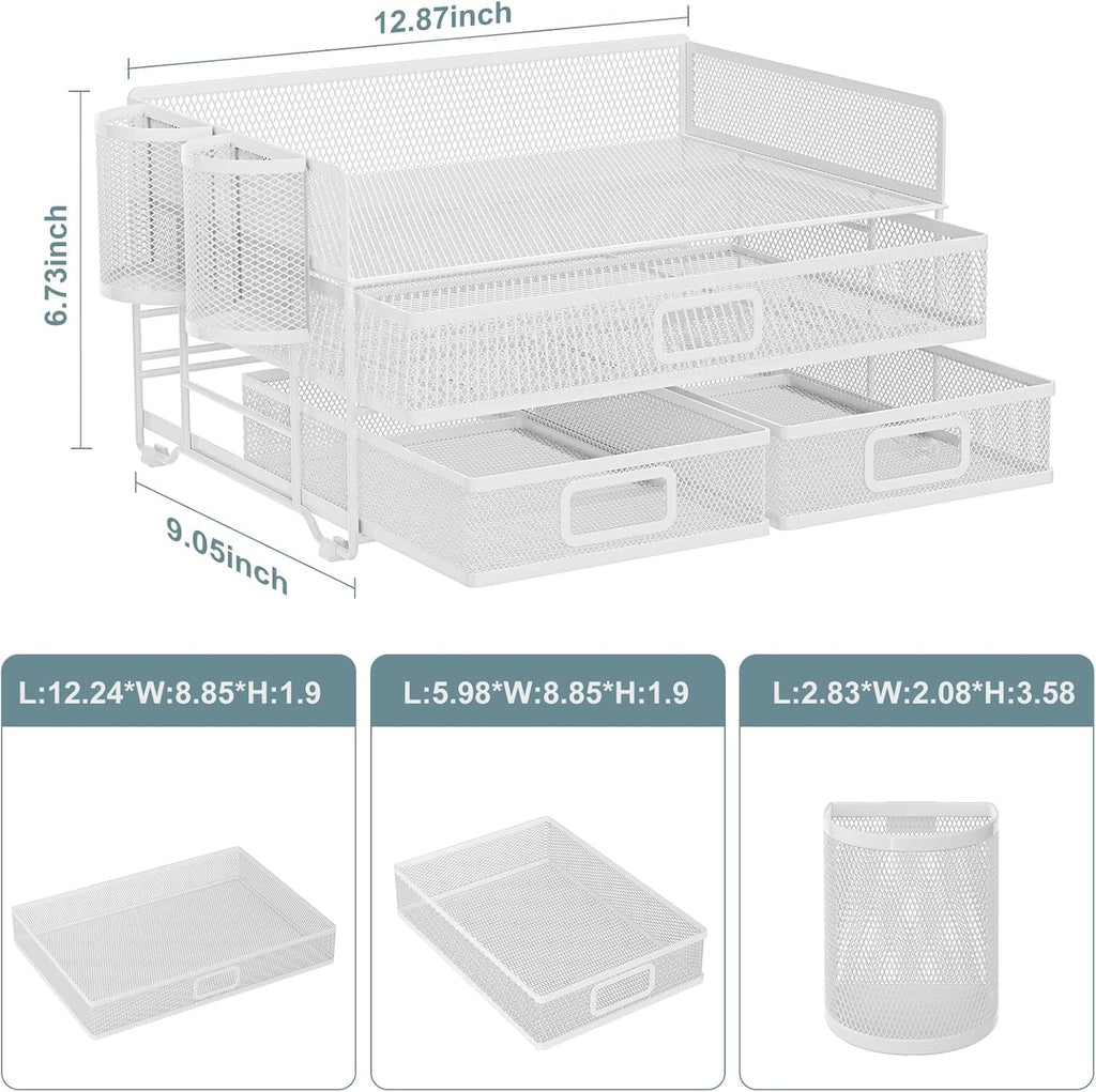 Marbrasse 3 Tier Mesh Desk Organizer with Drawer, Multi-Functional Desk Organizers and Accessories, Paper Letter Organizer with 2 Pen Holder for Home Office Supplies - White