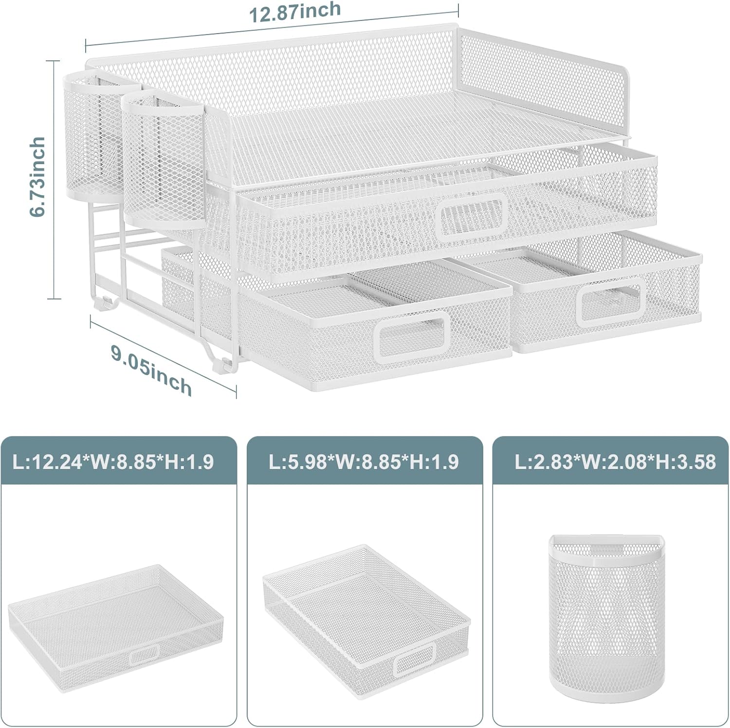 Marbrasse 3 Tier Mesh Desk Organizer with Drawer, Multi-Functional Desk Organizers and Accessories, Paper Letter Organizer with 2 Pen Holder for Home Office Supplies - White