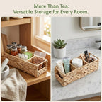 Triluxe Wicker Tea Bag Organizer, 3-Compartment Water Hyacinth Tea Holder for Countertop, Compact Tea Caddy & Sugar Packet Holder for Tea Station