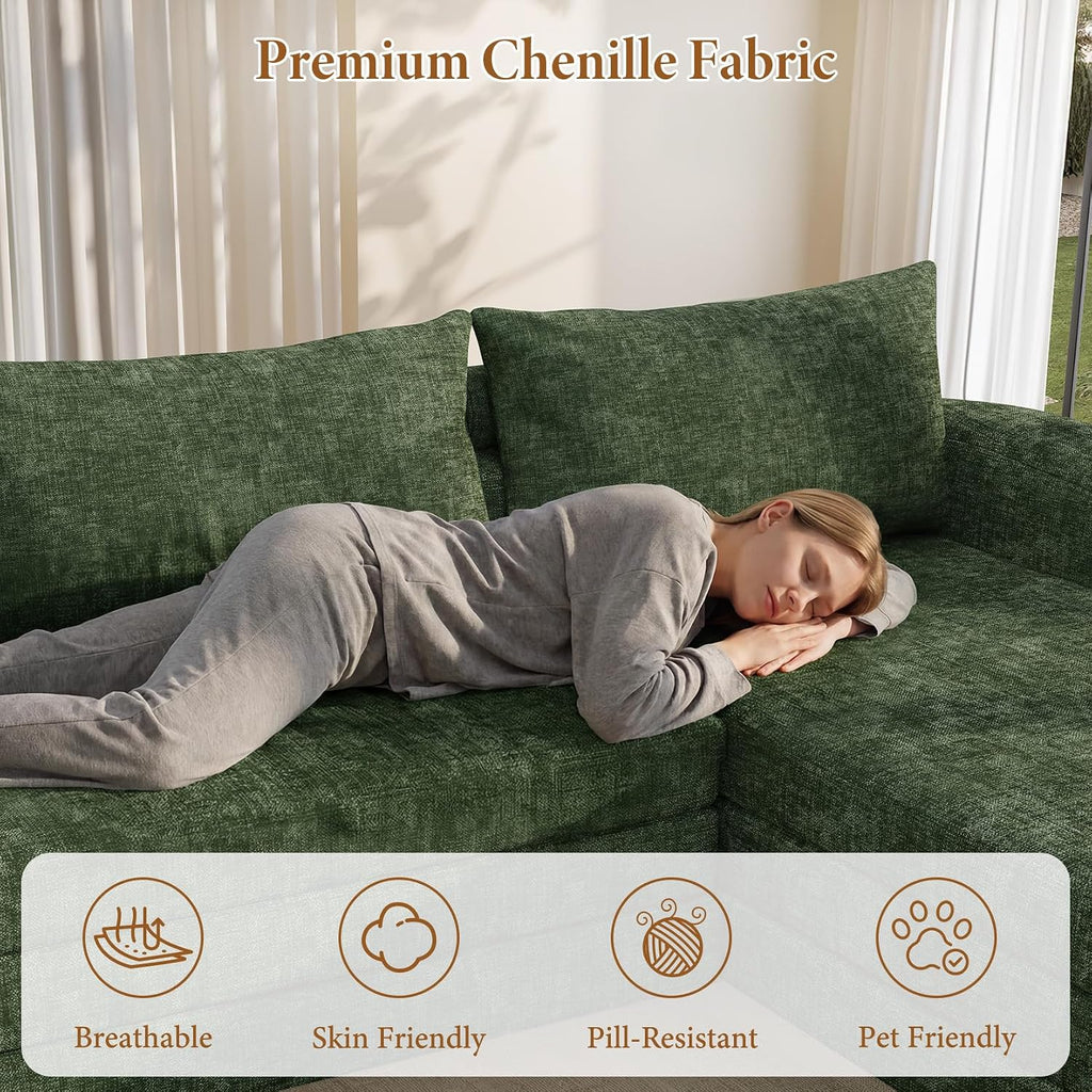 Vesgantti 6 in 1 Convertible Folding Sofa Bed, Futon Sectional Couch, Green | 110.2" L Shaped Modular Sleeper Sofa, Curved Armrest, Deep Seat Boneless Couches for Living Room, Chenille, Right Facing