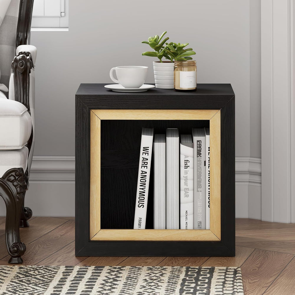 Aoikax Modern Cube End Table with Open Center Shelf, Geometric Wood Side Tabl...