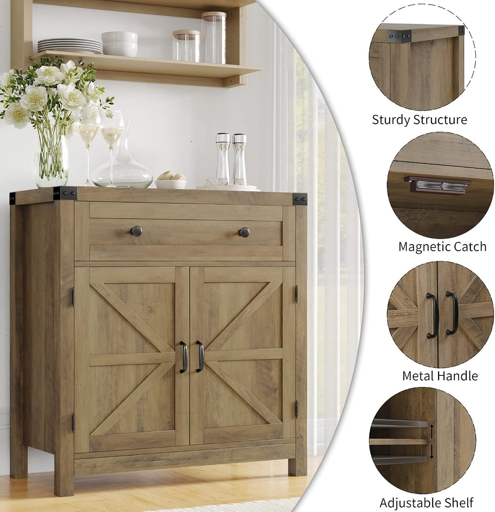 HOSTACK Kitchen Storage Cabinet, Farmhouse Coffee Bar Cabinet, Rustic Brown