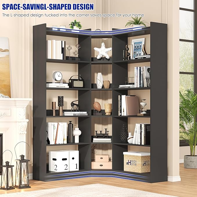 6 Tiers Corner Bookshelf, 63.1" Tall Modern Corner Etagere Bookcase Storage Display Rack Book Shelf with Baffle, Industrial L Shaped Bookshelves for Bedroom, Home Office, Living Room, Black