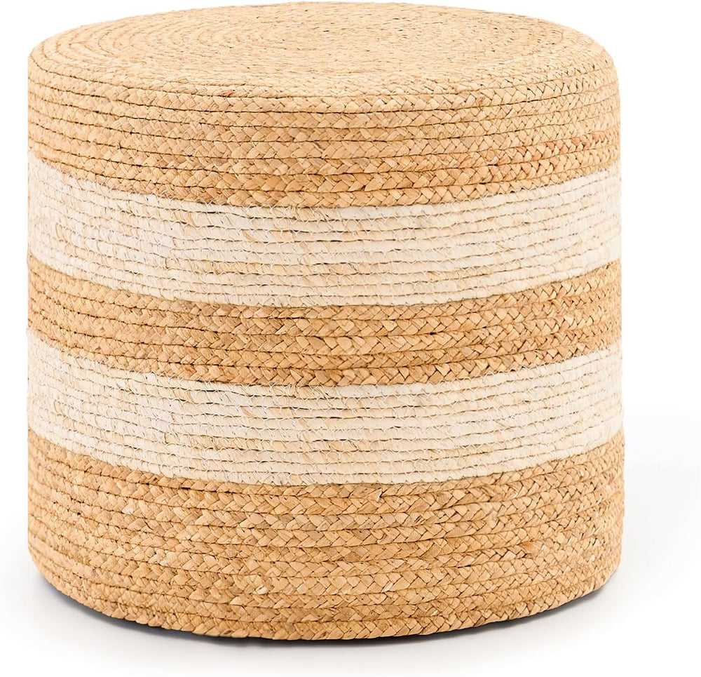 Handwoven Ottoman Pouf, Natural Water Hyacinth Footstool, Round Braided Outdo...