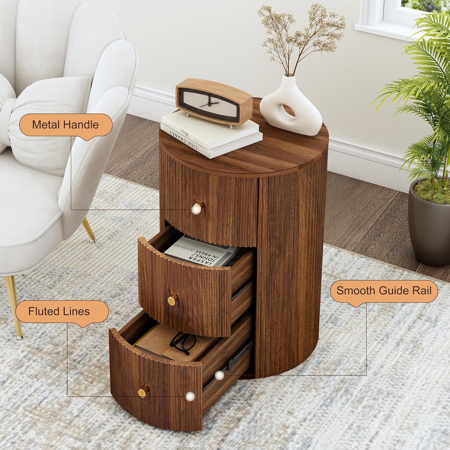 Fully Assembled Round End Table with 3 Storage Drawers, 15.75”Mid Century Side Table for Living Room, 3 Drawers Nightstand for Bedroom, Circle Sofa Bedside Table (Walnut-1 pc)
