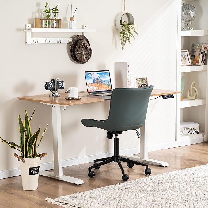 YOUNIKE Home Office Desk Chair with Wheels Armless Compact Comfy Vanity Chair with Adjustable Back Modern Small Leather Upholstered Rolling Swivel Cute Computer Task Chair No Arms Greyish Green