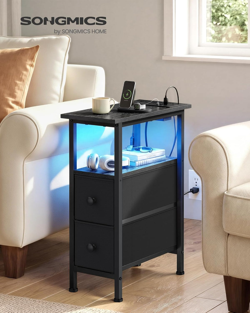 SONGMICS Side Table, Nightstand with Charging Station, End Table with LED Lighting, 2 Drawers, for Living Room, Bedroom, Ink Black, BELLAH Collection ULGS002B101