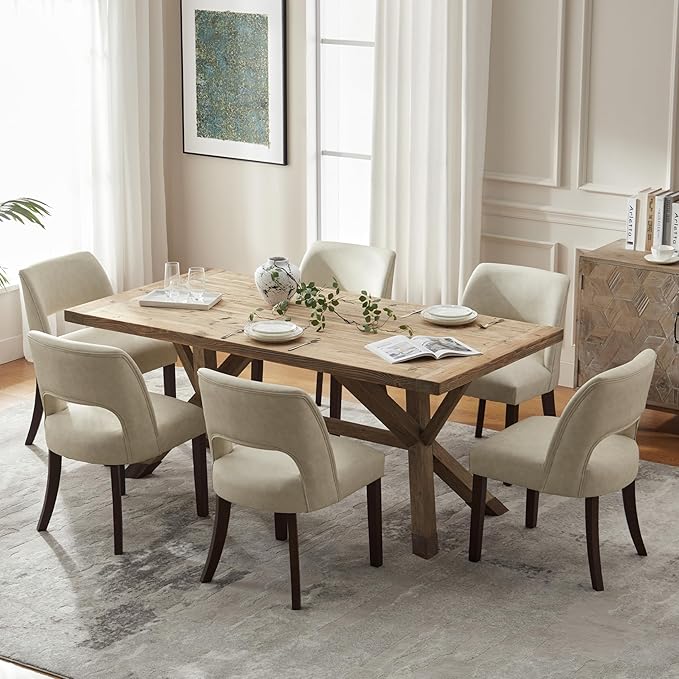 VKNOW Modern Dining Chairs Set of 6, Faux Leather Upholstered Dining Room Chair Kitchen Chairs, Farmhouse Dinner Chair for Kitchen Dining Room, Beige