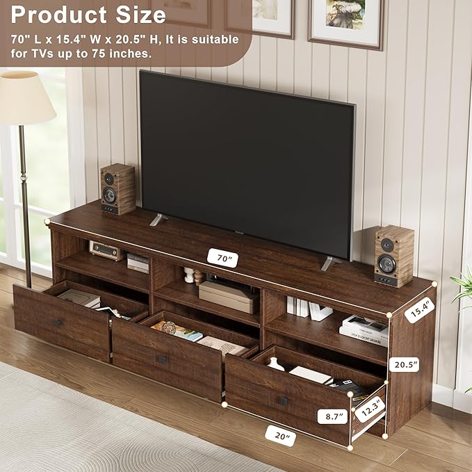 IDEALHOUSE 70in TV Stand for TVs up to 80", Mid Century Modern Entertainment Center with Storage Drawer and Open Shelves, TV Console Media Cabinet for Living Room, Bedroom, Brown