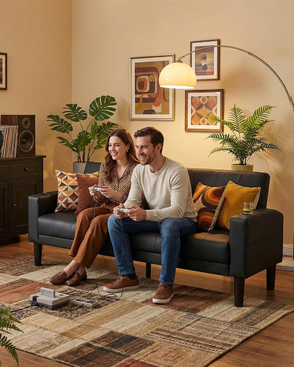 62" W Leather Loveseat and 2 Chairs, Living Room Sets w/Charging Station