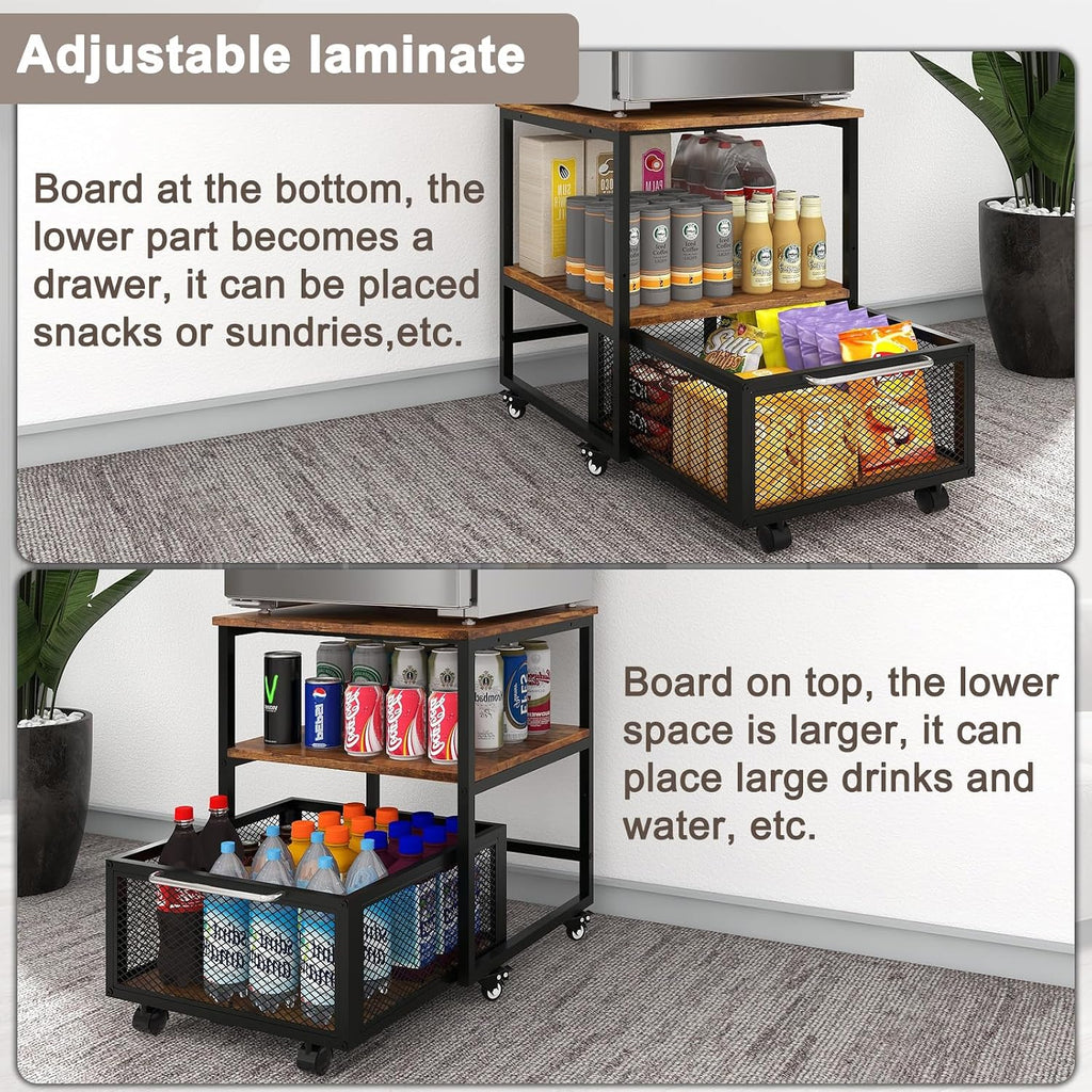 PUNCIA 19.7"x19.7" Mini Fridge Stand 3-Tier Beverage Fridge Table, Retro | 220 LB Capacity Beverage Refrigerator Table, Heavy Duty Rolling Organizer with Drawers for Dorm Apartment Office Bedroom