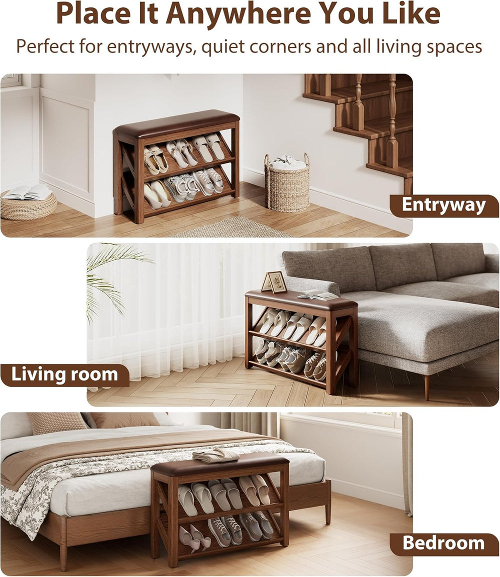 AQIMUELE Rubberwood Shoe Bench with Leather Cushion and Slanted Shelves | Sol...