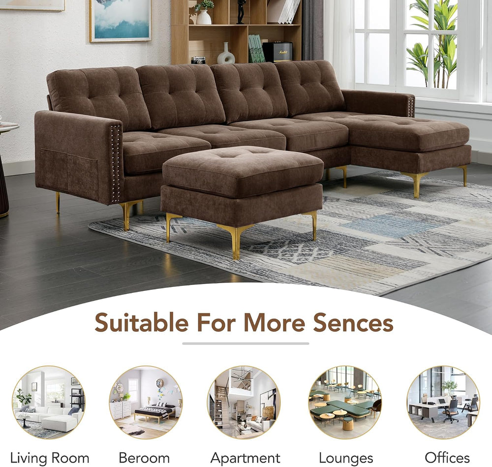 P PURLOVE Velvet Modern Large Sectional Sofa, U Shape Upholstered Couch with ...