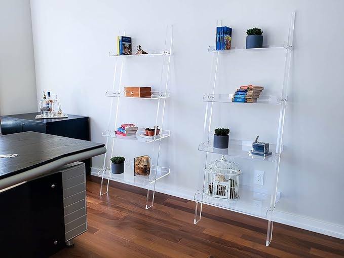 Acrylic Ladder Bookcase – Large Modern Clear Leaning Floating Wall Bookshelf - Standing Decor Display Unit for Open Shelving, Organizer, or Storage in the Living Room, Office, Bedroom, or Bathroom