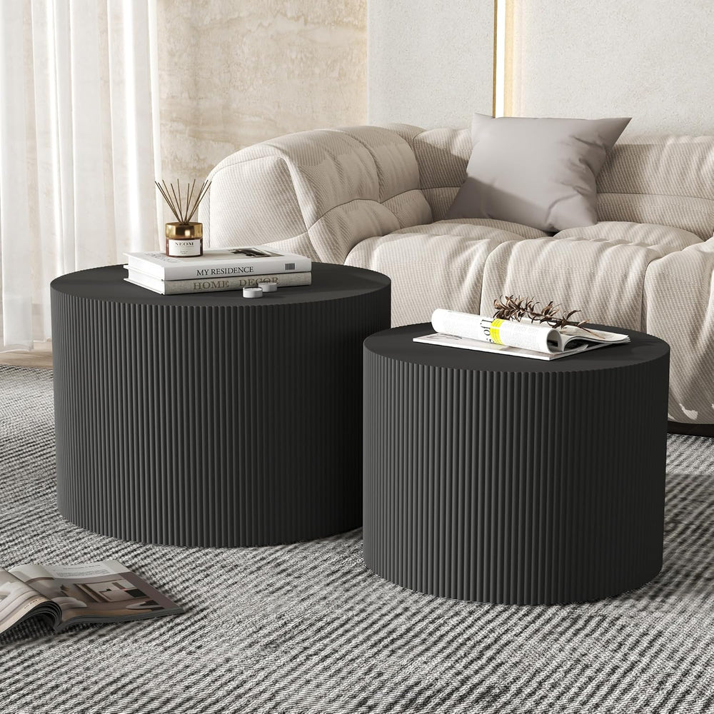 Nesting Coffee Table Set of 2, Round Wood Accent Table, Black | Modern Wooden...