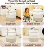 Laundry Basket with Handles - Blanket Basket & Hampers for Bedroom Aesthetic, Laundry Hamper & Blanket Storage for Living Room, Clothes Hamper, Tall, Large 17" x 14" x 22”, Light Brown & White