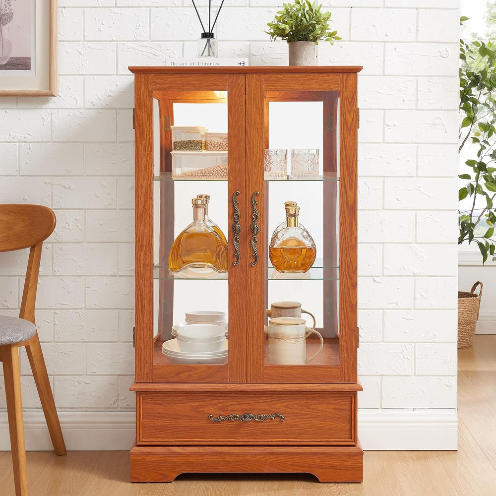 47" Lighted Glass Accent Curio Cabinet, 3-Tier Antique Storage Cage with...