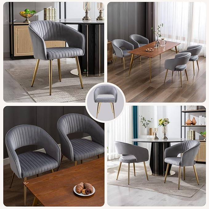 Grey Velvet Dining Chairs Gold Legs, Modern Dining Room Chairs with Arms Set of 6 Upholstered Accent Chair Armchair with Barrel Back for Kitchen Living Room