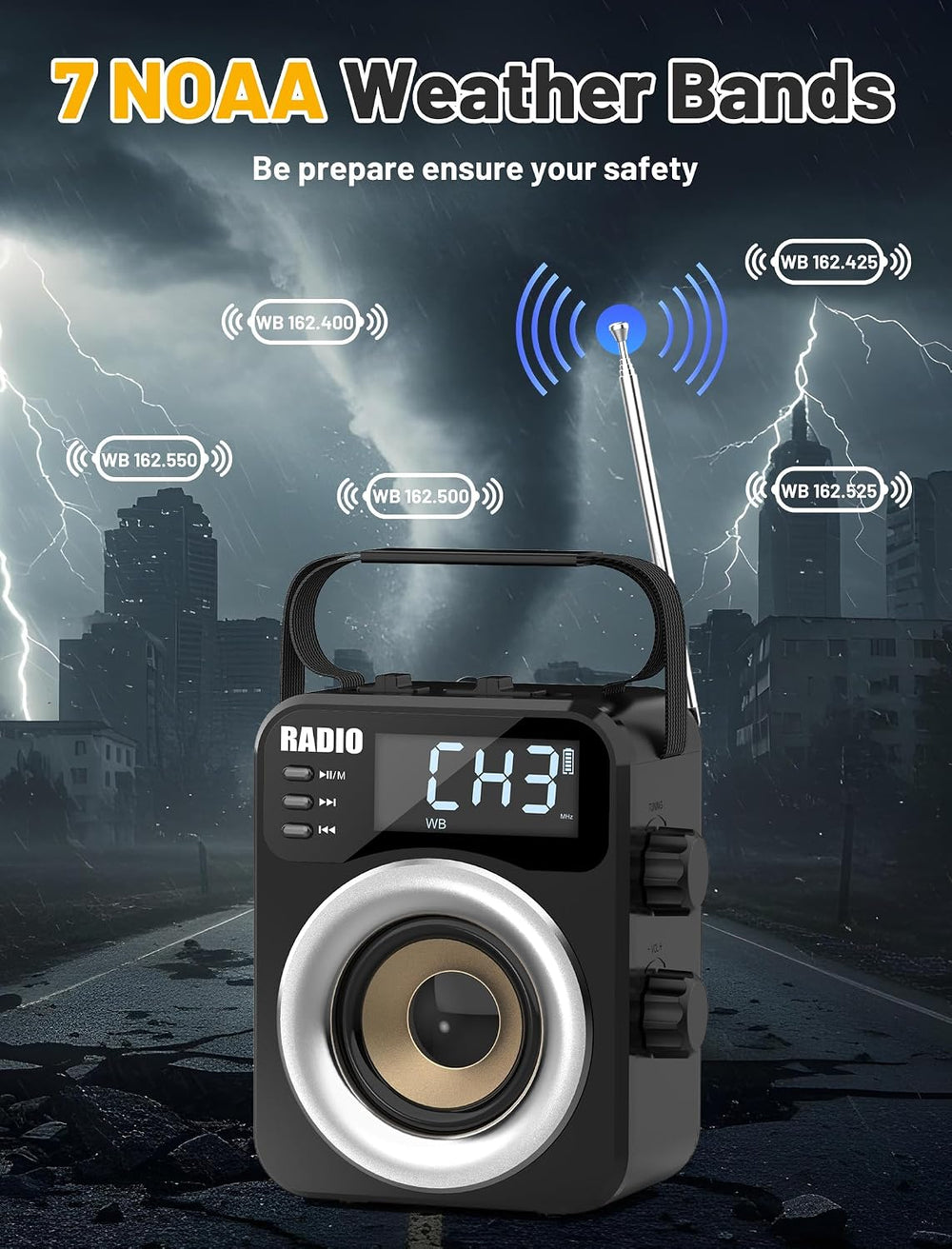 Portable AM/FM/WB/SW Radio, 4000mAh Rechargeable & 3×D Cell Battery Powered