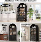 HRVEOCEI Black Arched Cabinet with Glass Doors, Tall Arch Kitchen Pantry with 2 Large Drawers & Adjustable Shelves/Golden Handles, Wood Hutch Cabinet for Kitchen, Dining Room, Living Room