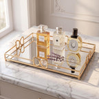 13X 10 Inch Glass and Gold Rectangle Tray ，Dinner Plate Perfume and Vanity Tray - Decorative Mirrored Vanity Tray with Gold Metal Cutout Design, Jewelry Organizer (13 Inch DD Tray)