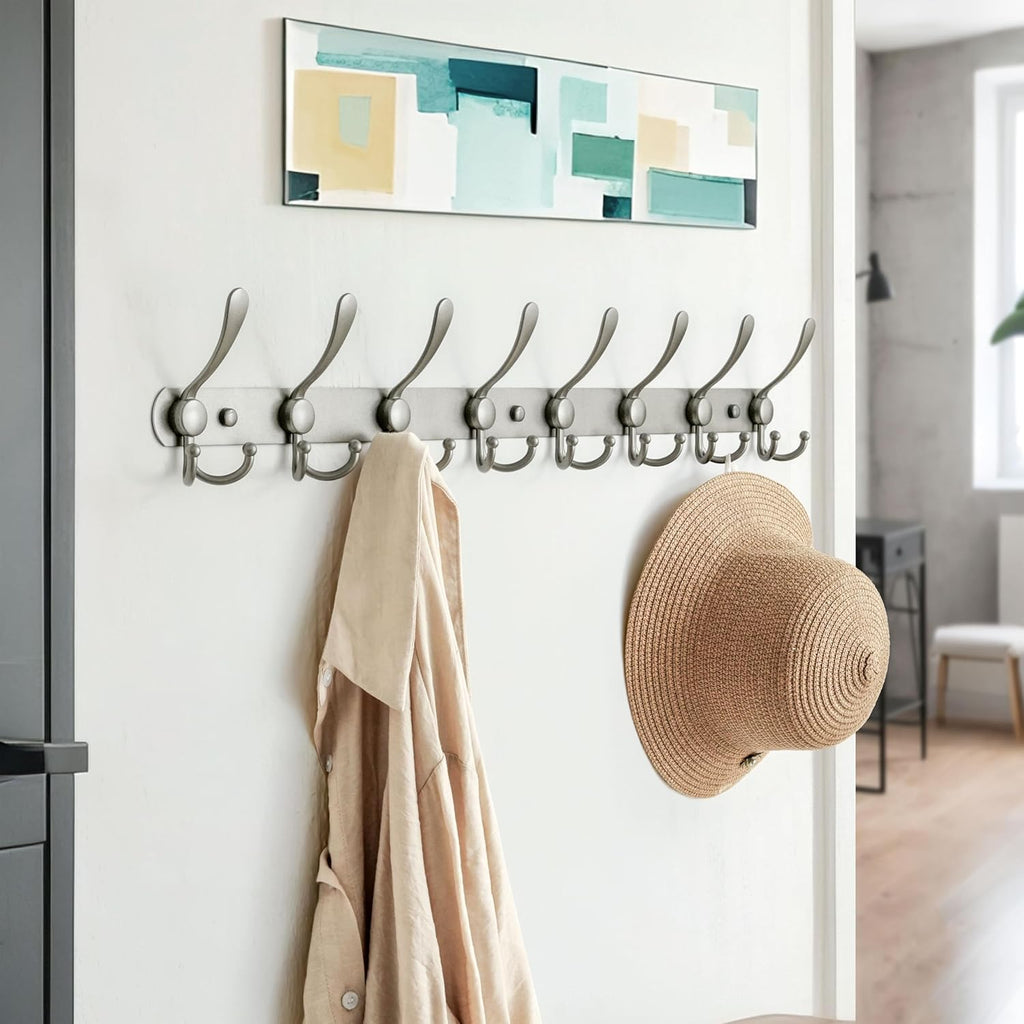 Dseap Coat Rack Wall Mount - 29.5” Long 8-Tri-Hooks Heavy Duty Coat Hanger Rail Wall Hooks for Hanging Coats Hats Clothing Clothes Purse Mudroom Entryway, Gray, Pack of 2