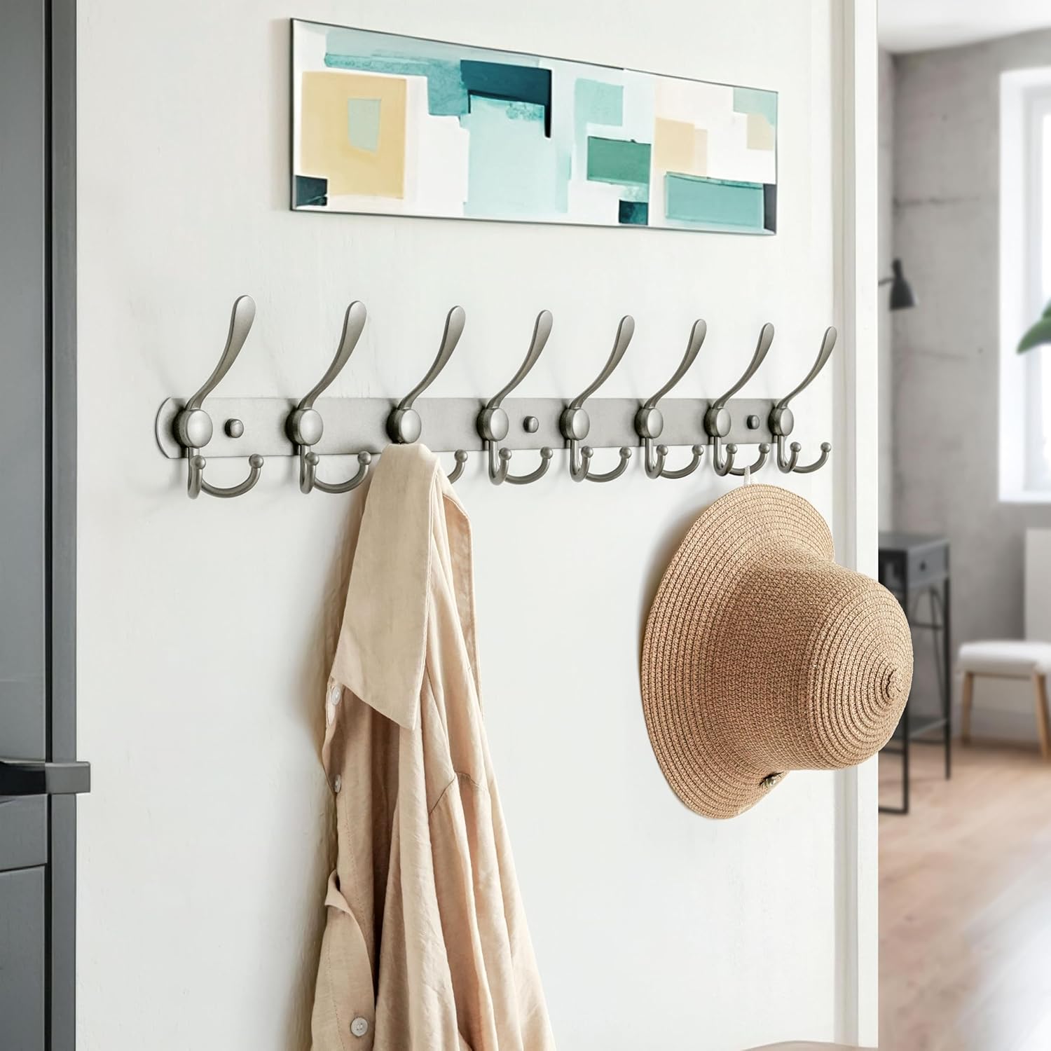 Dseap Coat Rack Wall Mount - 29.5” Long 8-Tri-Hooks Heavy Duty Coat Hanger Rail Wall Hooks for Hanging Coats Hats Clothing Clothes Purse Mudroom Entryway, Gray, Pack of 2