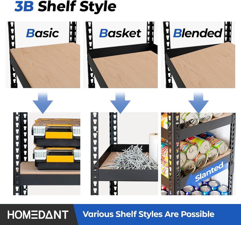 HOMEDANT 5-Tier Laminated Boltless Heavy Duty Metal Shelving Unit Adjustable Garage Storage Utility Rack Shelves Organization Multipurpose Shelf Warehouse Industrial (1, (M) 35.9" W, Black)