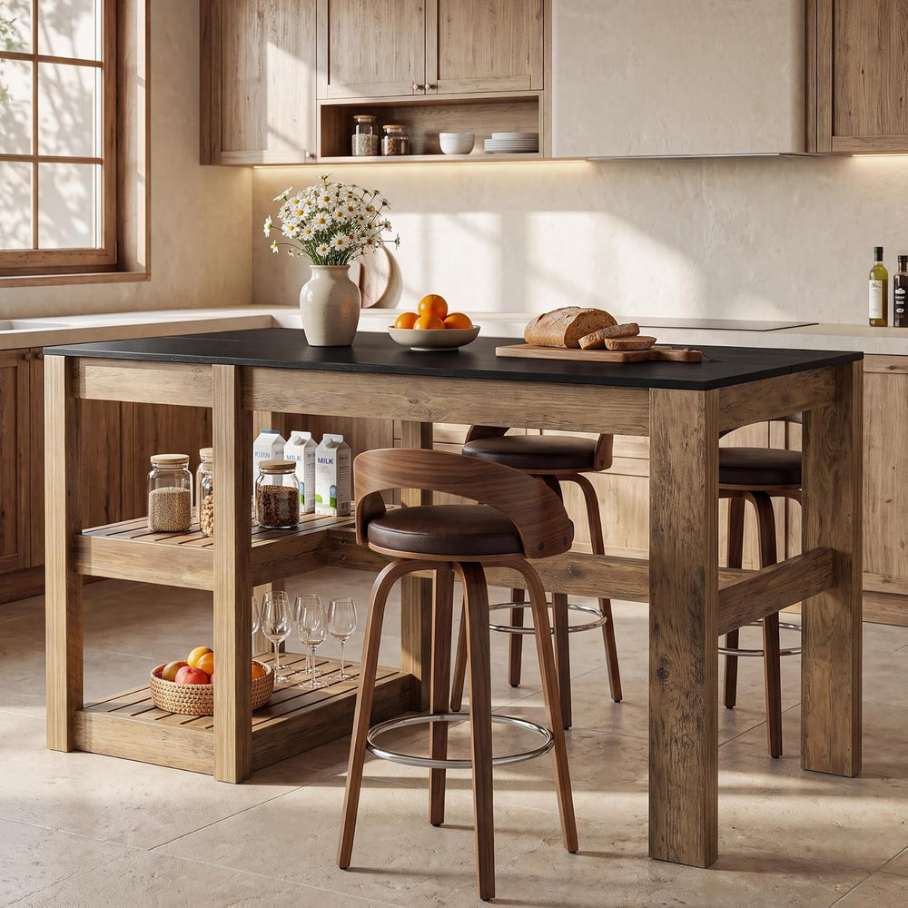 Tribesigns 55" Kitchen Island with Storage Shelves, Rustic Brown and Bla...