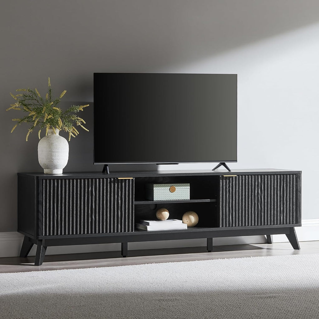 OKD 70" Mid Century Modern Fluted TV Stand, Entertainment Center, Sideboard, Media Console for Living Room with 2 Soft Close Door/Adjustable Shelves (Black Oak)