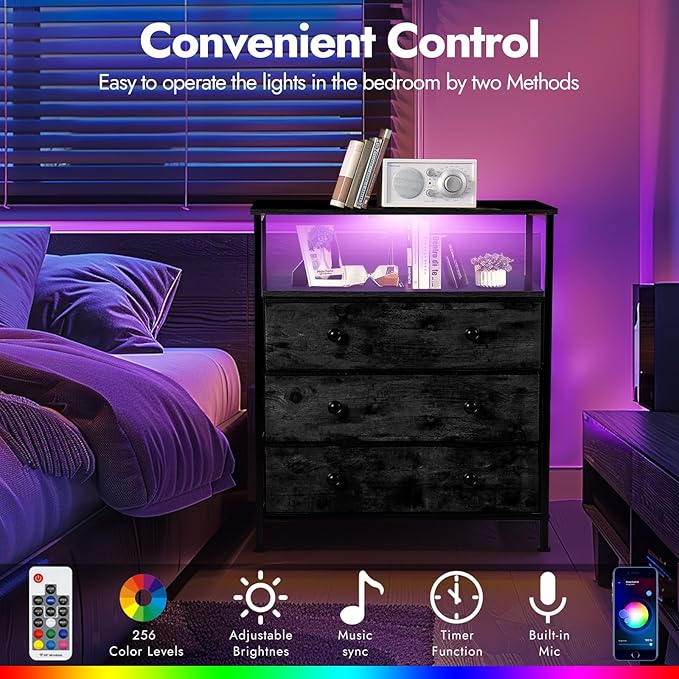 3 Drawers Dresser with Charging Station, 24 Inch Wide LED Night Stand with Ad...