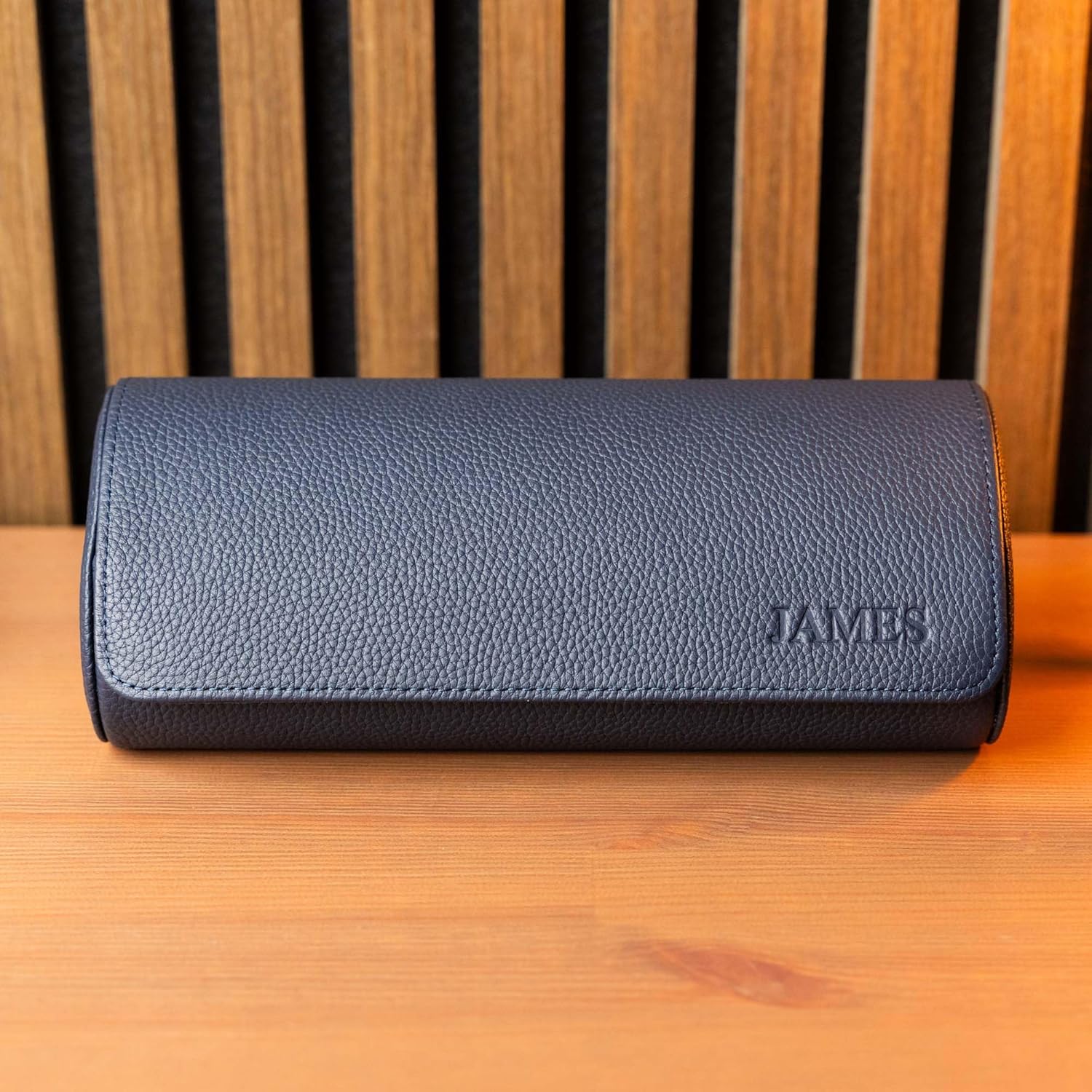 DailyWatch | Personalized Watch Roll Travel Case For 3 Watches - Handmade Genuine Leather Travel Case With Custom Engraving of Name or Initials - Navy Blue Litchi