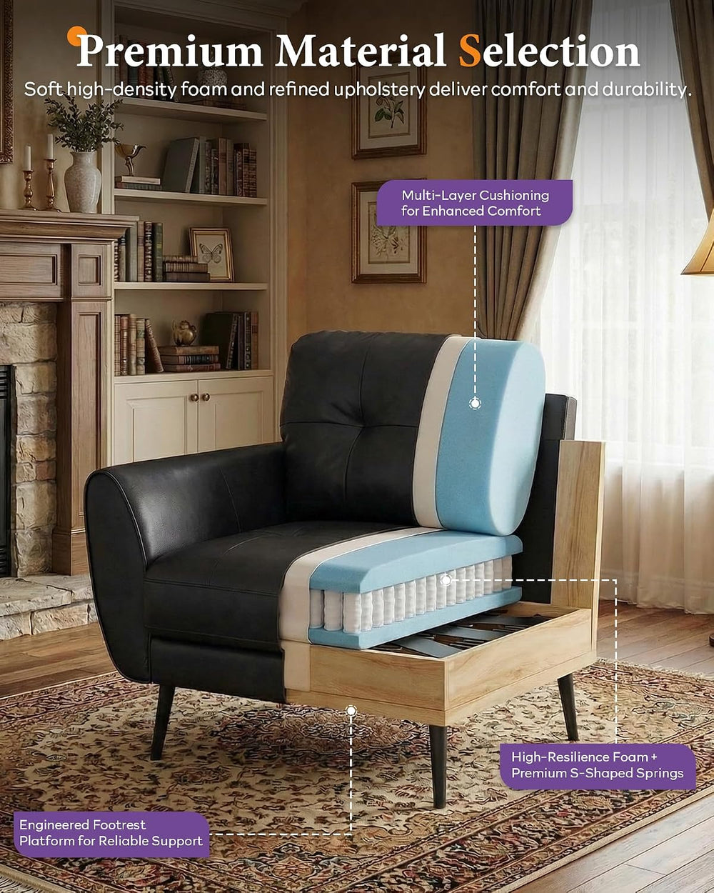 Black Leather Accent Chair, Tufted Reading Armchair for Living Room Office