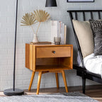 Walker Edison Mid Century Modern Wood Nightstand Side Table Bedroom Storage Drawer and Shelf Bedside End Table, 1 Drawer, Caramel