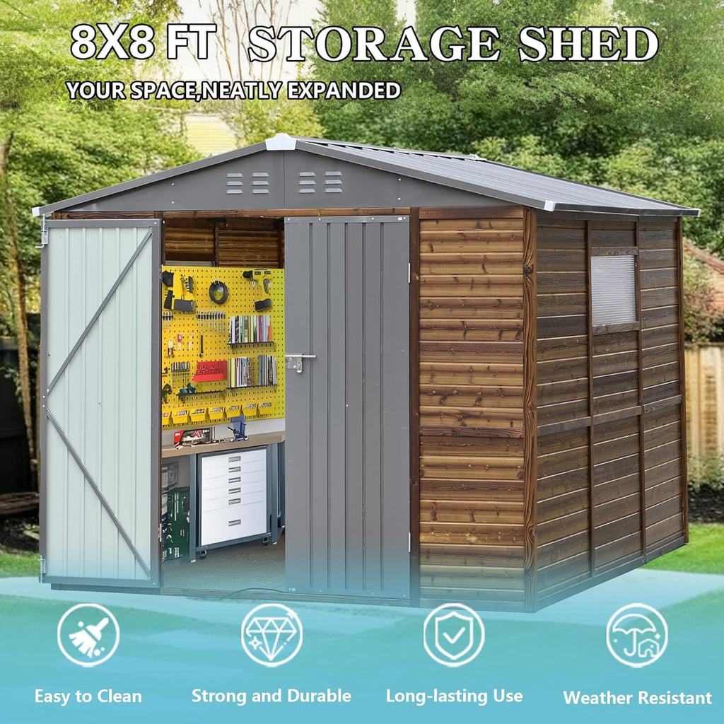 8x8 FT Outdoor Storage Shed with Windows, Wood & Metal Tool Shed Waterproof Storage House for Outside Patio, Backyard, Garden, 4 Vents (Without Floor) Wood Color