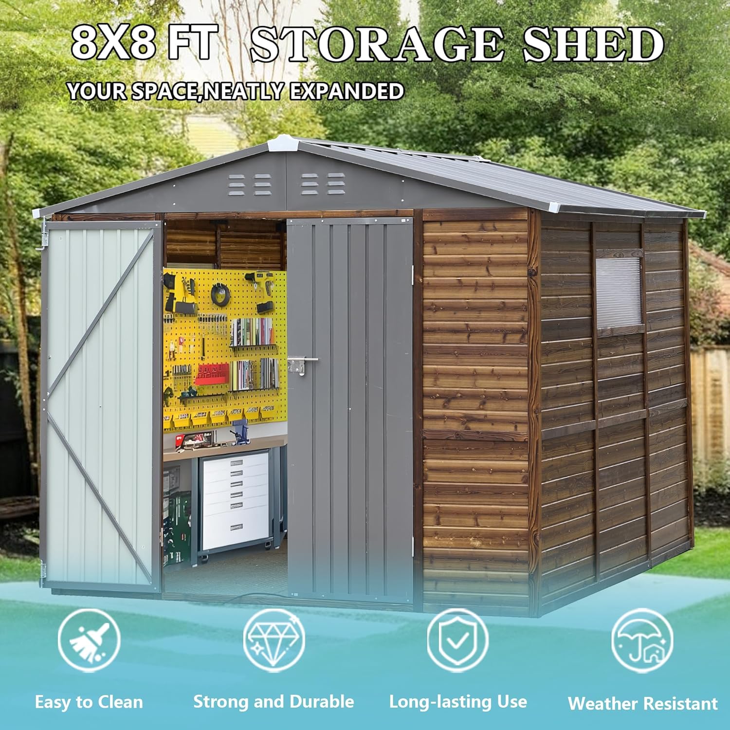 8x8 FT Outdoor Storage Shed with Windows, Wood & Metal Tool Shed Waterproof Storage House for Outside Patio, Backyard, Garden, 4 Vents (Without Floor) Wood Color