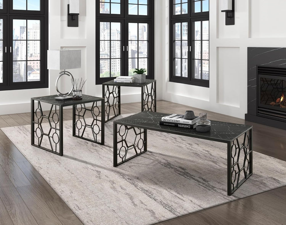 3-Piece Occasional Table Set with Marble-Print Glass Top | Includes 1 cocktai...