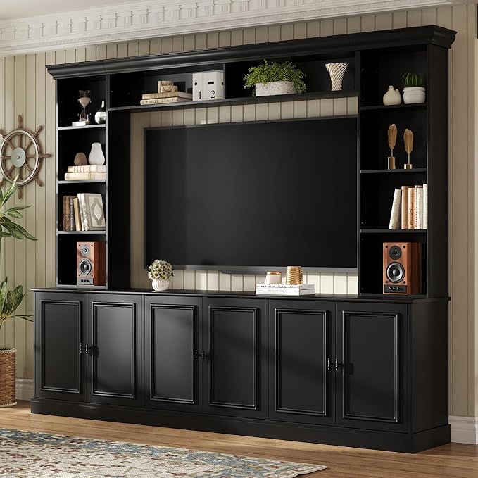 SOFTSEA 4-Piece Entertainment Center Wall Unit for TVs up to 70", Large TV Stand Wall Unit with Bookshelves, 6 Doors & Adjustable Shelves, Media Console with Bridge for Living Room, Black