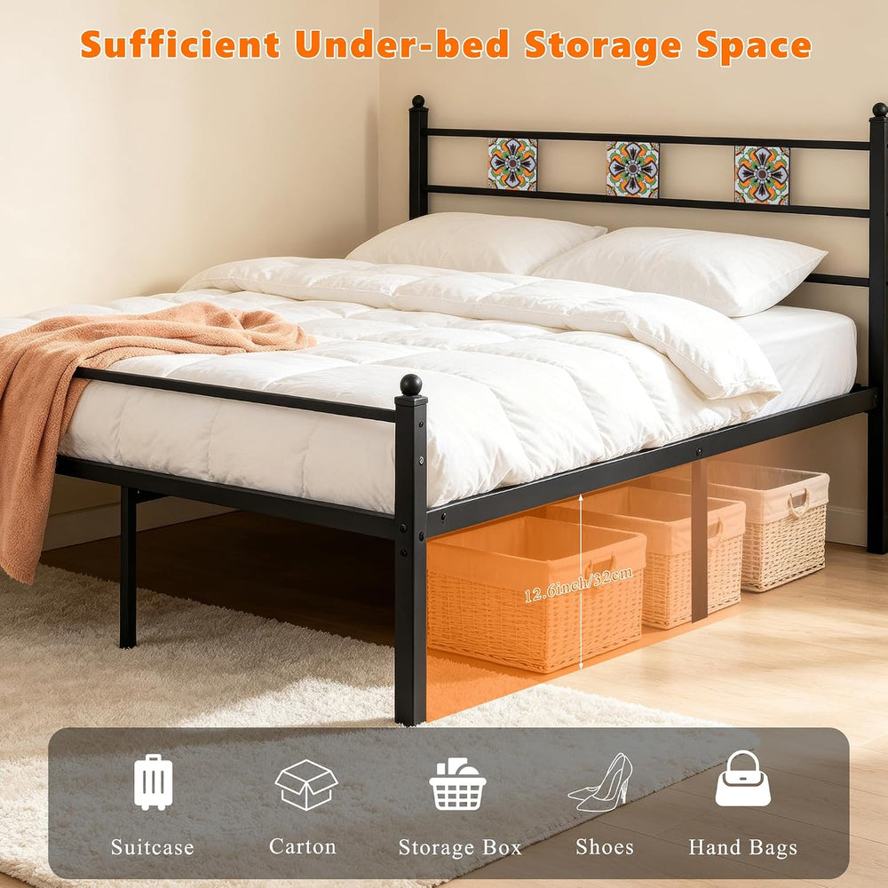 Full Metal Bed Frame with Ceramic Tile Decor Headboard