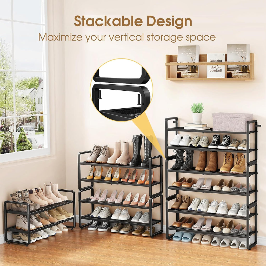 SAYZH Expandable Shoe Rack for Closet, Adjustable Metal Shoe Organizer with Sturdy Mesh Shelves for Boots & Heels, Stackable Shoe Storage for Entryway, Garage, Small Spaces (Black, 2-Tier)
