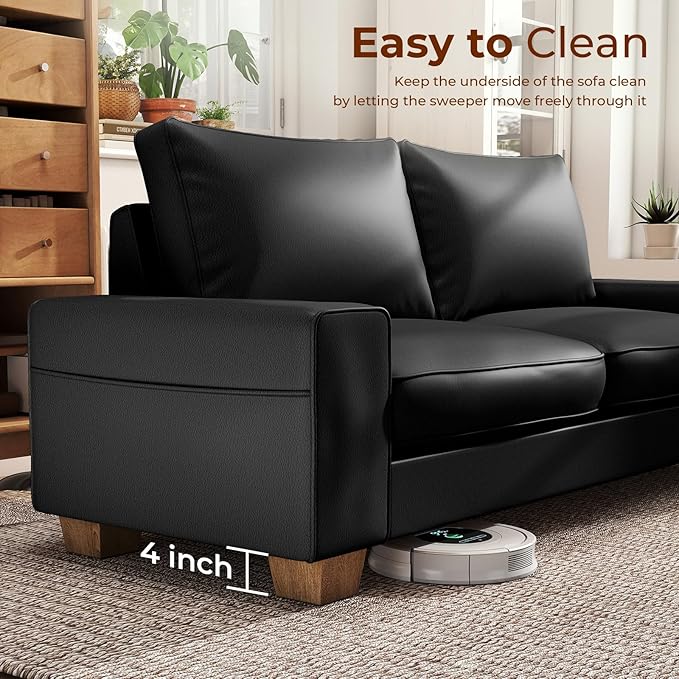 Modern Faux Leather Loveseat Sofa, Compact Small Couch with Spring Cushions & Solid Wood Frame, Easy-Clean Removable Cover, Living Room Office Apartment Furniture (71.25", Black)
