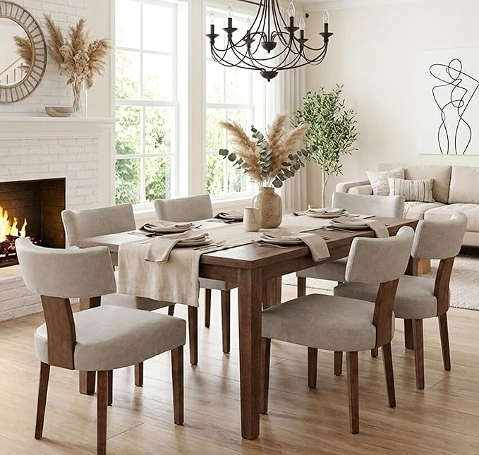 Grey Leather Dining Chairs Set of 6, Upholstered Wooden Dining Room Chairs, Mid Century Modern Farmhouse PU Kitchen Chairs, Accent Armless Side Chairs with Curved Back for Living Room, 6PCS