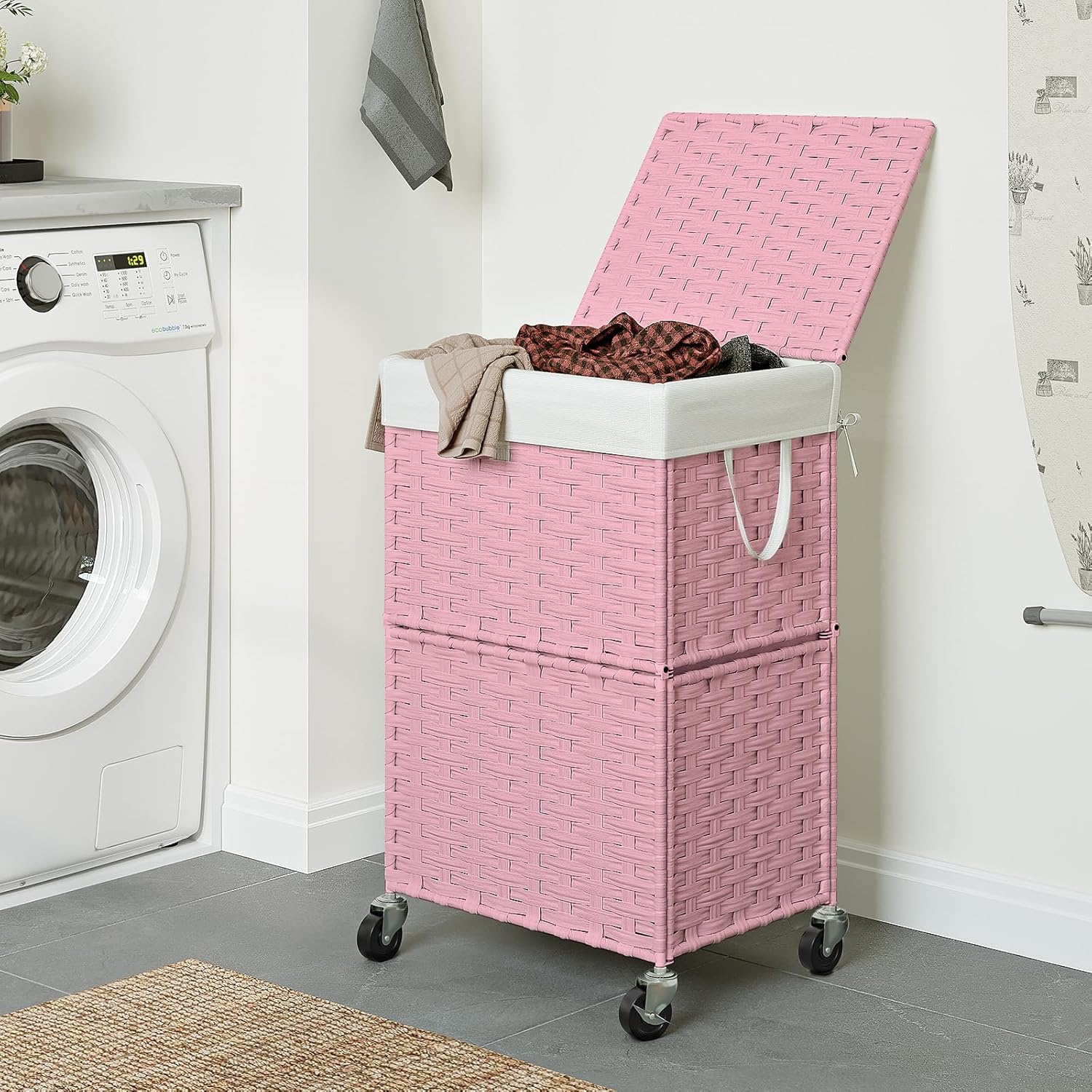 Chrislley 90L Slim Laundry Hamper with Wheels, Rolling Laundry Basket with Lid and Renovable Liner Bag, Handwoven Rattan Organizer for bedroom, bathroom, laundry room (Pink)