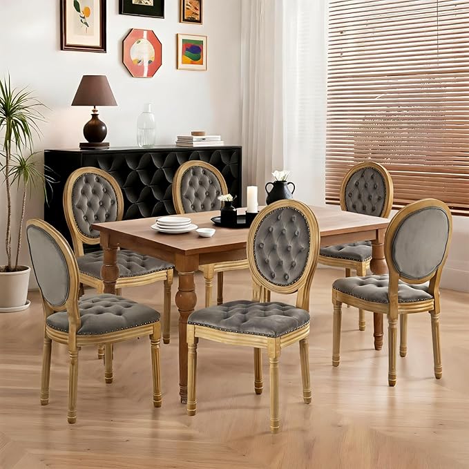 French Country Dining Chairs Set of 6,Farmhouse Upholstered Dining Room Chairs with Tufted Round Back&Solid Leg,Velvet Kitchen Side Chairs for Kitchen/Bedroom/Dining Room,Gray