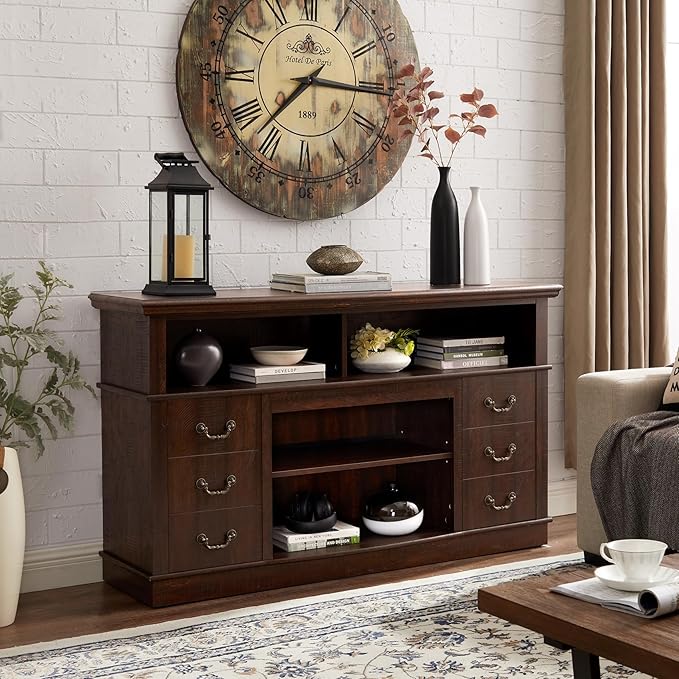 TV Cabinet for 65" TV: Tall Drawer-Like TV Stand | Rustic Farmhouse Media Entertainment Center with Storage Console and Adjustable Shelves for Living Room - Espresso