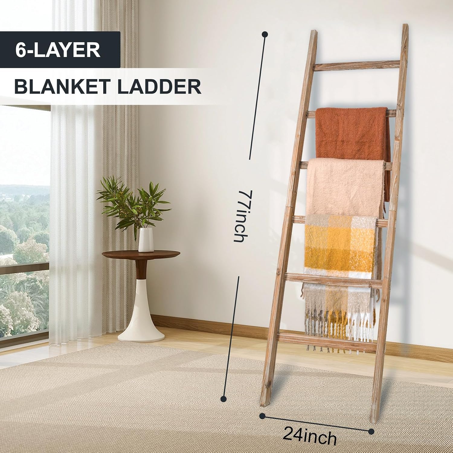Blanket Ladder 6.4FT, Wooden Blanket Ladders for the Living Room, 6-Layer Farmhouse Rustic Quilt Rack for Living Room Bathroom (24 inch Wide)